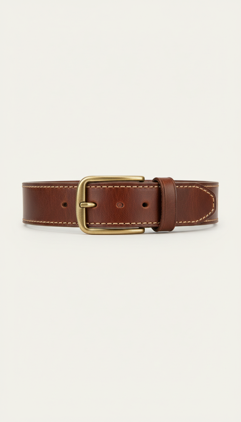 Hand-Stitched Leather Belt with Brass Buckle